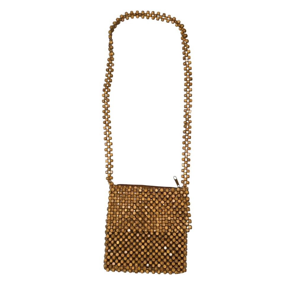 Wooden Beaded Crossbody‎ Bag Purse Boho Hippie Granola Natural Textured 7x7.5